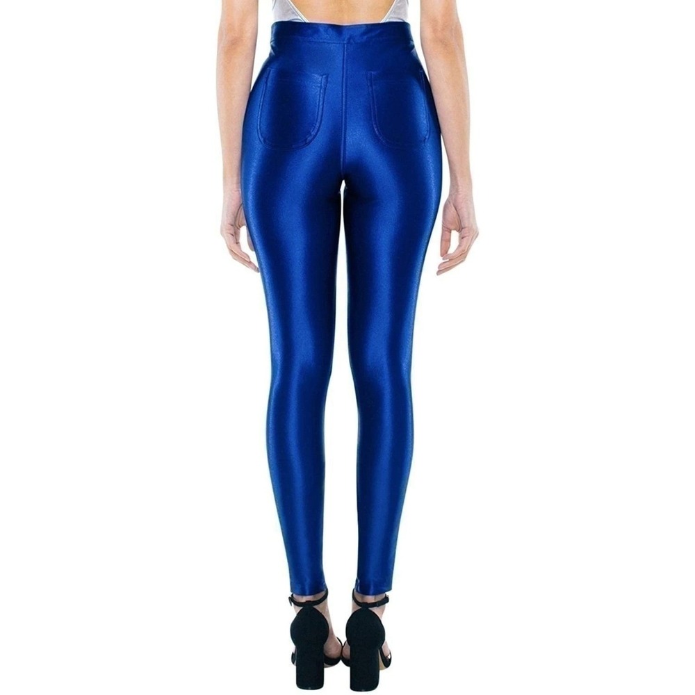American Apparel Disco Pants Royal Blue High Waisted Shiny Leggings XS RSAAH300W - Picture 2 of 7